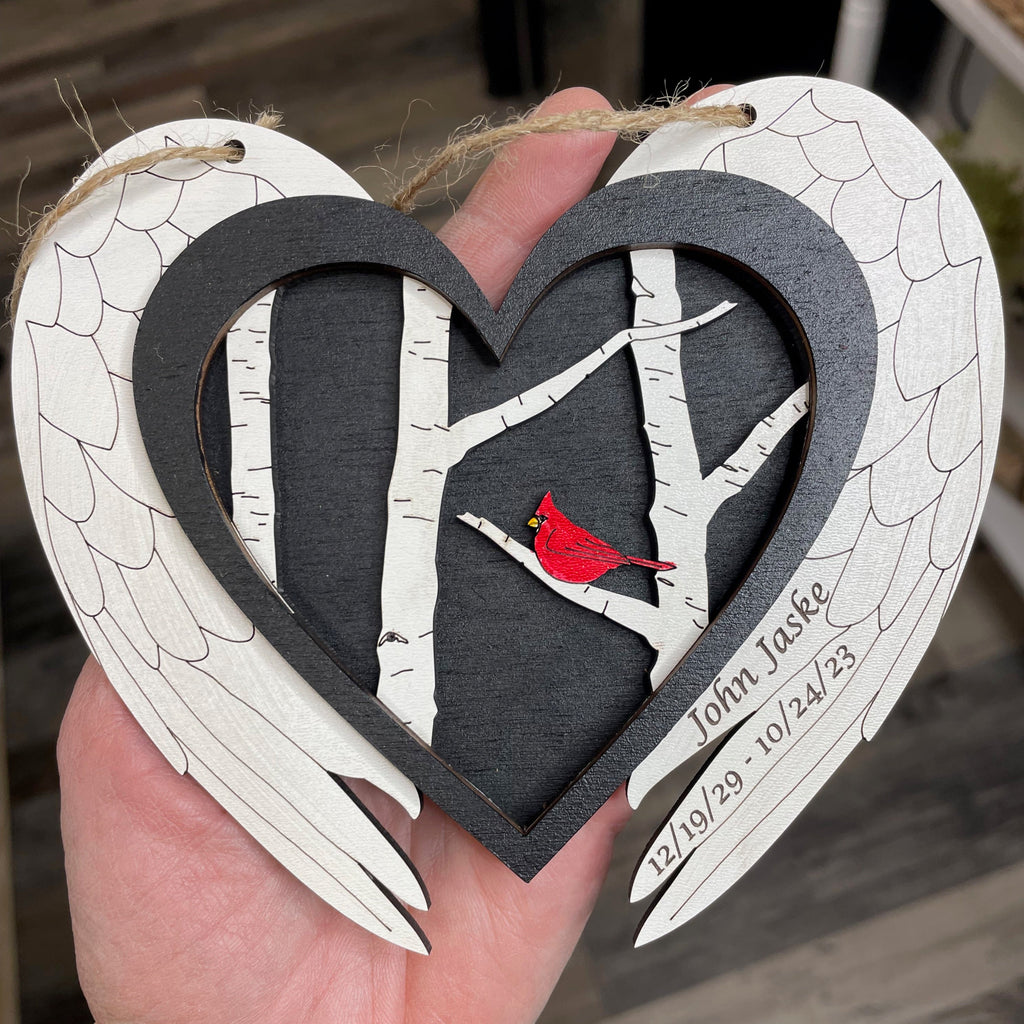 Cardinal & Angel Wings Ornament - Optional Personalization