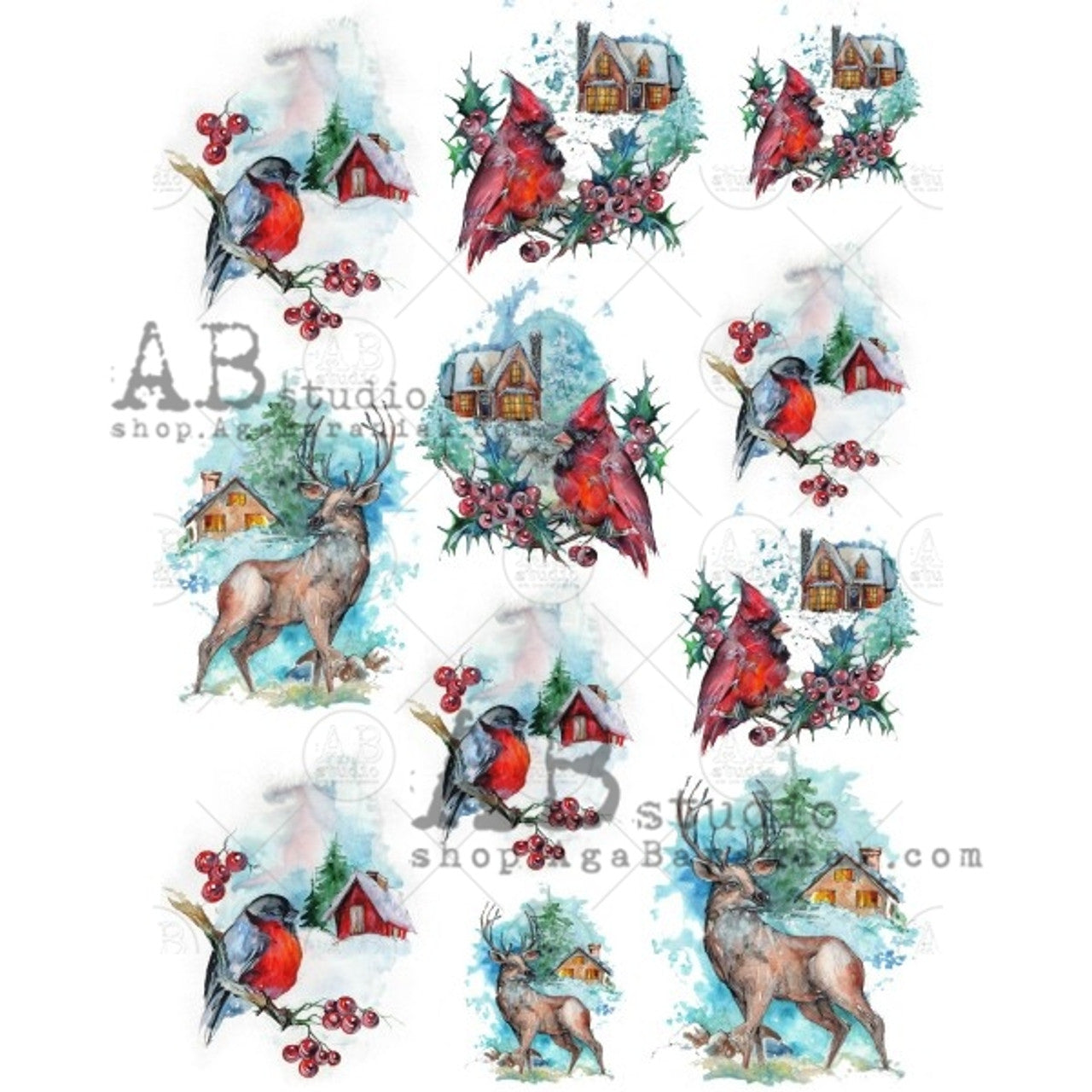 Cardinal and Deer Watercolor Scenes - Decoupage Paper