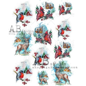 Cardinal and Deer Watercolor Scenes - Decoupage Paper